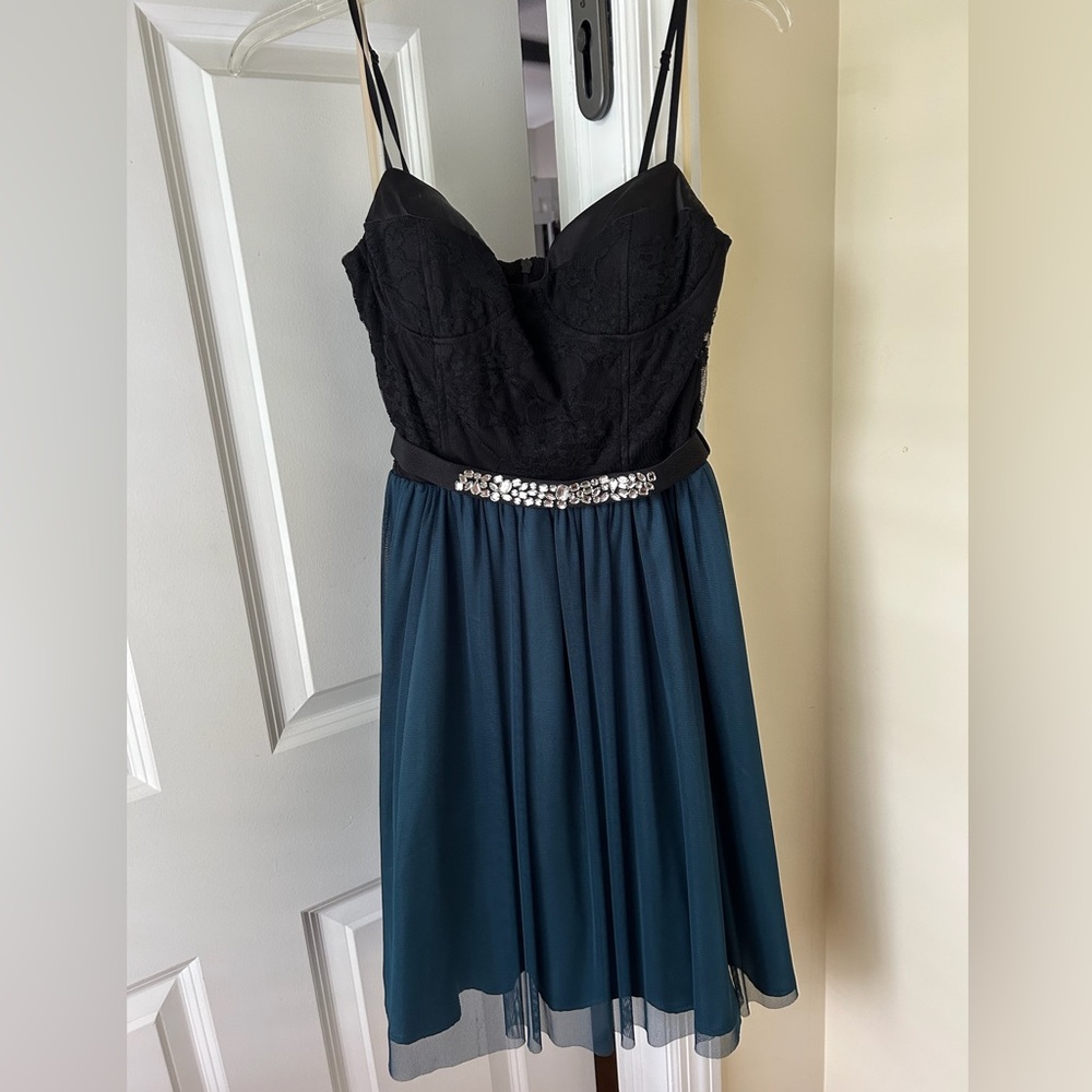Mystic Black and Teal Strapless Dress